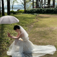 White strapless, waist-cinched, slim-fit lace long prom dress R7985
