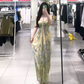 Light green floral print strapless fitted waist sexy long ball gown R7906