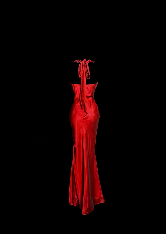 Red halter neck 3D floral dress, fitted waist, bodycon long ball gown R6680