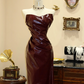 Deep red strapless waist-cinching slim-fit long elegant prom dress R7946