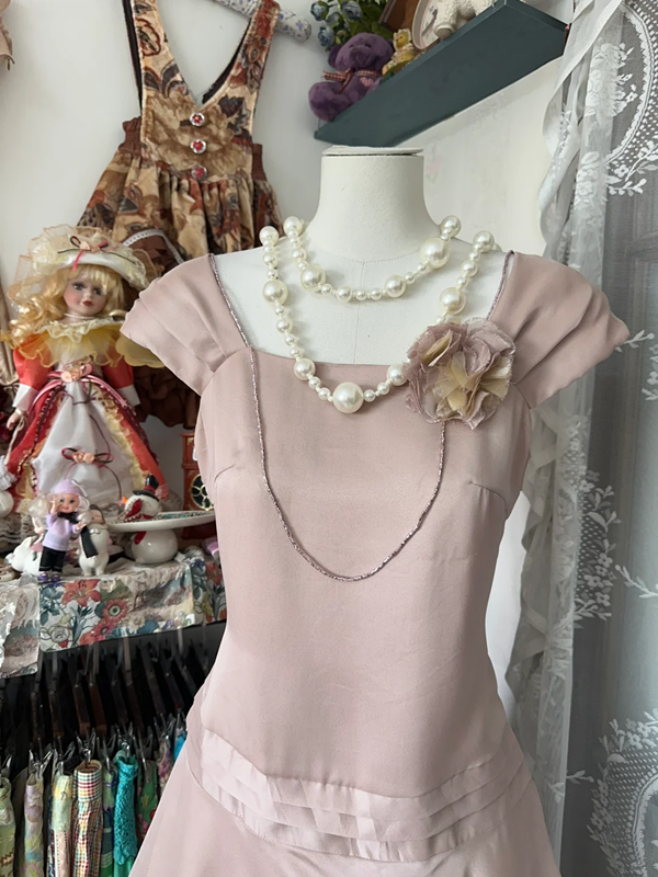 Pink sleeveless fitted waist asymmetrical hem short skirt, a ball gown R6359