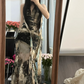 Black and white tie-dye halter neck fitted waist sexy long ball gown R7787