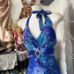 Blue halterneck rose print fitted waist A-line maxi ball gown R6160