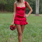 Red suspender waist slim A-line short skirt homecoming dress R5608