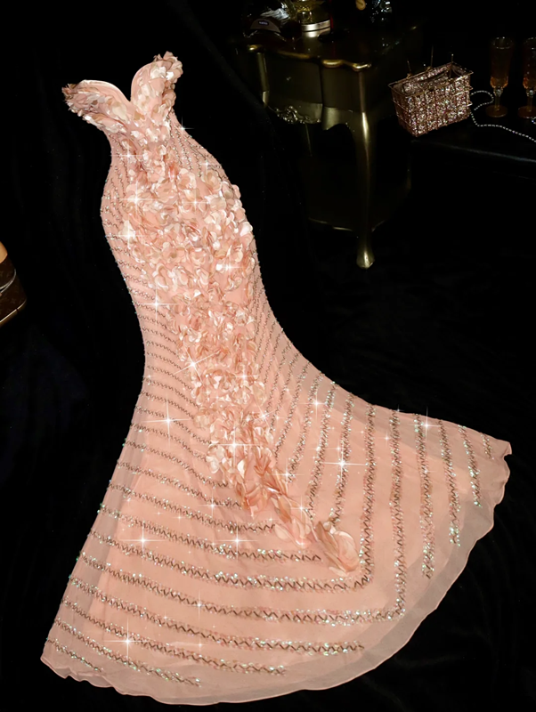 Pink strapless floral fitted mermaid long ball gown R6999