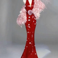 Red halter-neck, fitted waist, bodycon fishtail long ball gown R6480