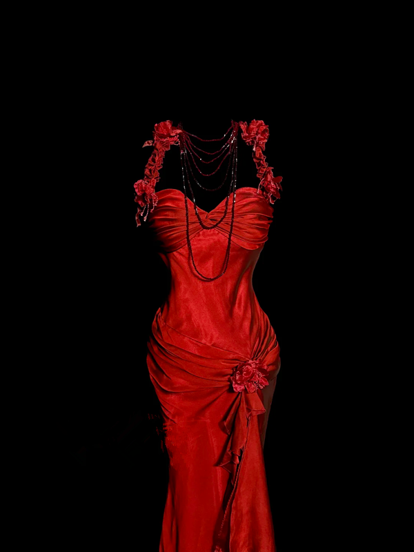 Red halter neck 3D floral dress, fitted waist, bodycon long ball gown R6680