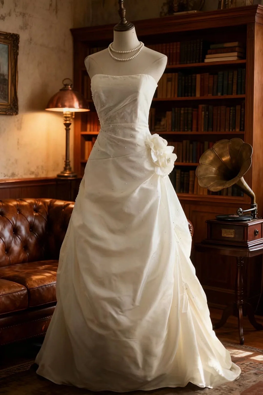 White strapless, fitted waist, full skirt, long ball gown R6720