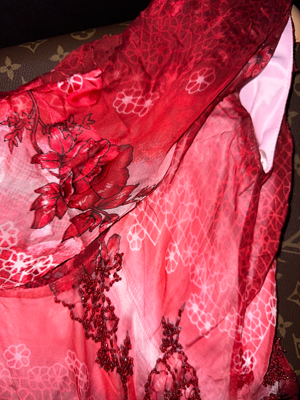 Red floral print halter-neck fitted long ball gown, elegant style R6878