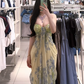 Light green floral print strapless fitted waist sexy long ball gown R7906