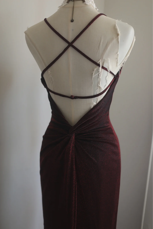 Deep red halter-neck backless fitted waist sexy bodycon long ball gown R6759
