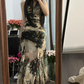 Black and white tie-dye halter neck fitted waist sexy long ball gown R7787