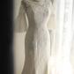 White lace bell-sleeved fitted long ball gown R6799