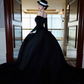 Black off-the-shoulder fitted long ball gown with a flared skirt and elegant silhouette R7079