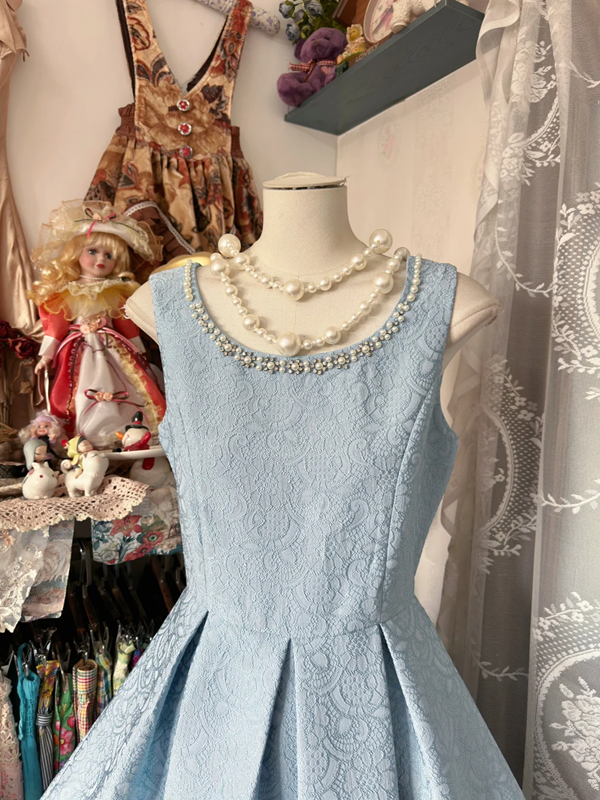 Light blue tank top with a fitted waist and A-line skirt, a prom dress R6320