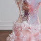 Light pink V-neck bodice with sequined tulle floral skirt, a ball gown or wedding dress R8224