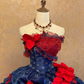 Red and Blue Color-Block Strapless Waist-Cinched Puffball Skirt Floor-Length Ball Gown, Bridal Gown R7365