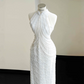White sleeveless beaded waist slim sexy skirt, prom dress R5685