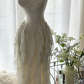 Apricot white strapless, fitted waist, pleated, irregular long ball gown R7674
