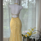 Light yellow halter-neck sequined fitted waist bodycon long ball gown R7635