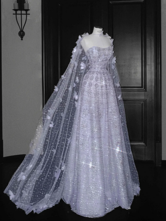 White tube-top rhinestone slim waist A-line maxi dress, prom dress R5649