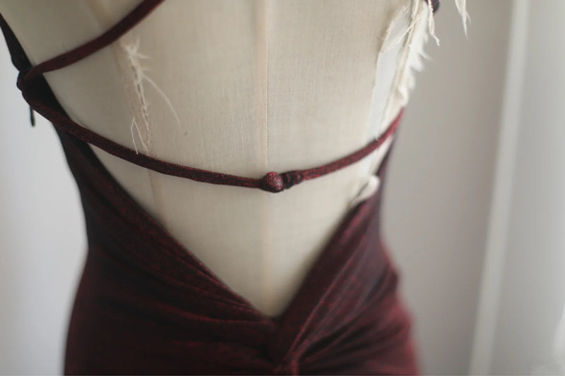 Deep red halter-neck backless fitted waist sexy bodycon long ball gown R6759