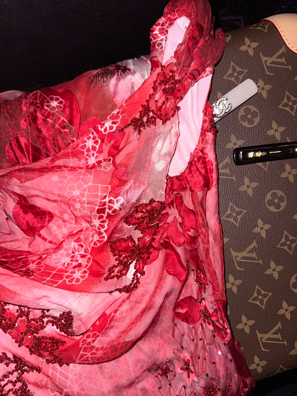 Red floral print halter-neck fitted long ball gown, elegant style R6878