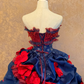 Red and Blue Color-Block Strapless Waist-Cinched Puffball Skirt Floor-Length Ball Gown, Bridal Gown R7365