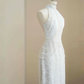 White sleeveless beaded waist slim sexy skirt, prom dress R5685