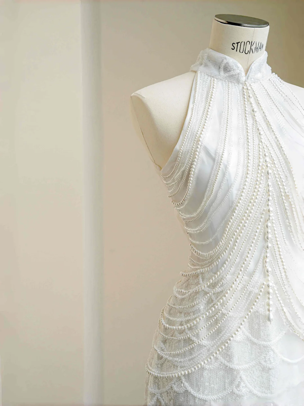 White sleeveless beaded waist slim sexy skirt, prom dress R5685