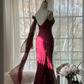 Purple-red halter-neck fitted waist bodycon long ball gown R7715