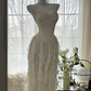 Apricot white strapless, fitted waist, pleated, irregular long ball gown R7674
