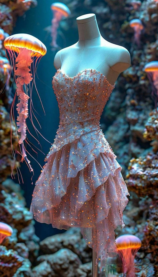 Pink suspender sequined waist slim A-line skirt, prom dress R5322