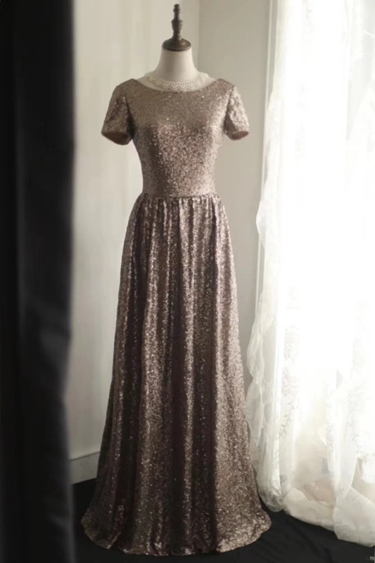 Brown sequined high-waisted sexy long ball gown R6838