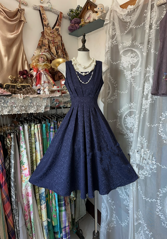 Navy blue tank top with floral print, fitted waist, full skirt, short dress, prom dress R6280