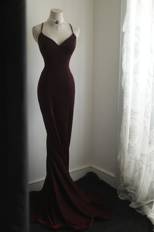 Deep red halter-neck backless fitted waist sexy bodycon long ball gown R6759