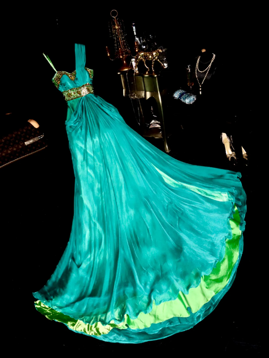 Peacock green halter-neck rhinestone fitted long ball gown R6400