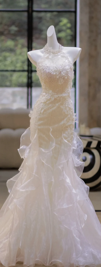 Apricot halter neck beaded waist slim hip long dress bridal gown R5803