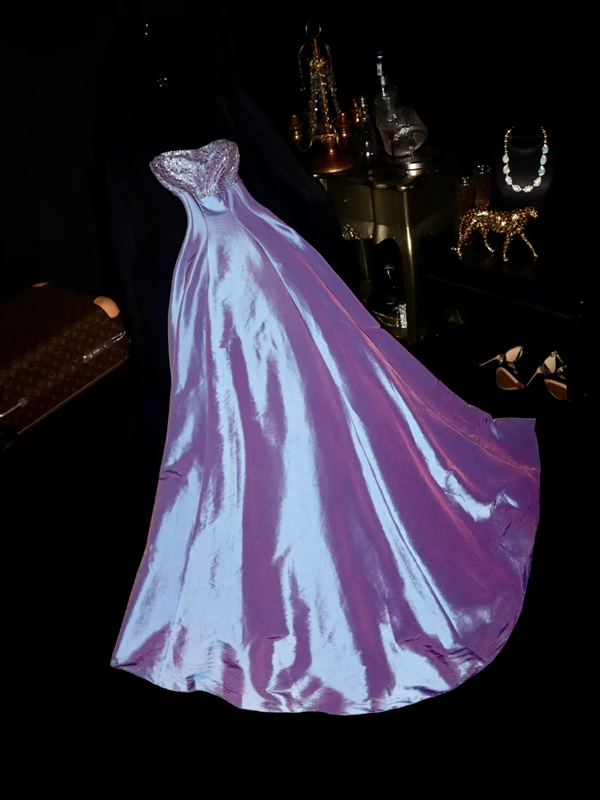 Purple rhinestone strapless fitted long ball gown R6919