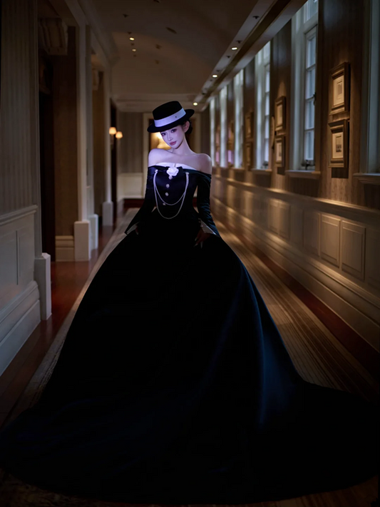 Black off-the-shoulder fitted long ball gown with a flared skirt and elegant silhouette R7079