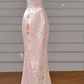 Pink halter-neck, fitted waist, bodycon long ball gown R6438