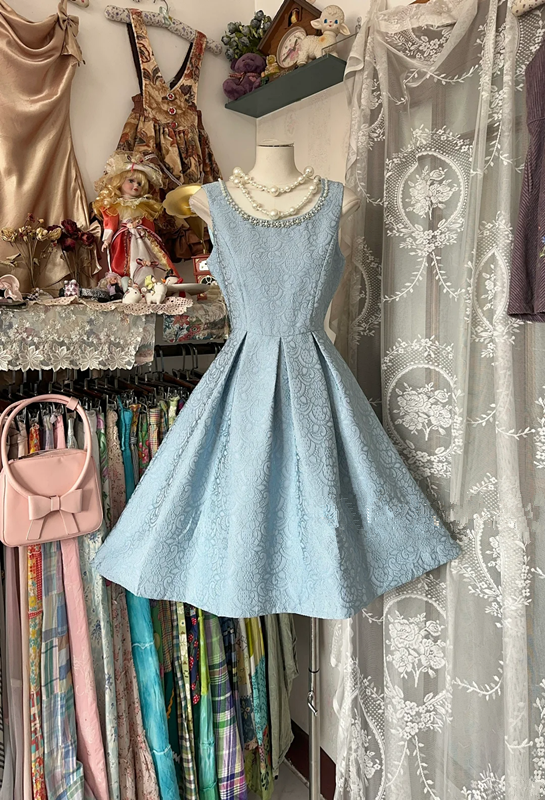 Light blue tank top with a fitted waist and A-line skirt, a prom dress R6320