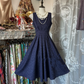 Navy blue tank top with floral print, fitted waist, full skirt, short dress, prom dress R6280