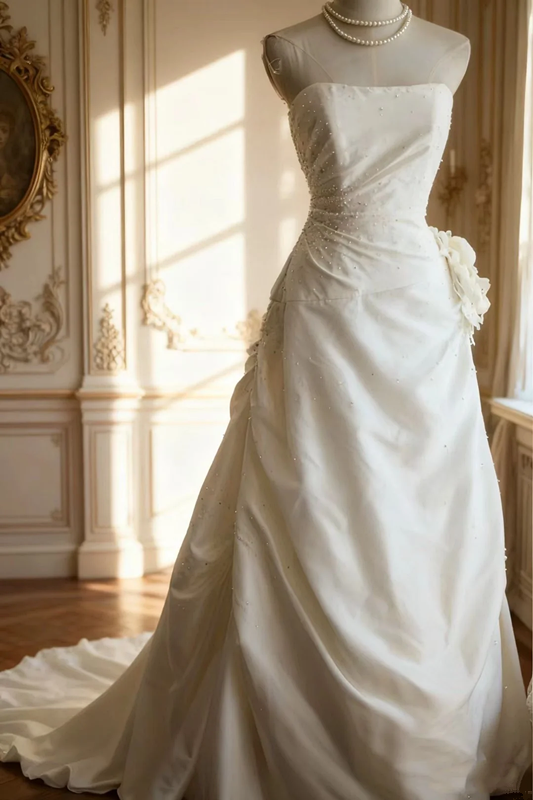 White strapless, fitted waist, full skirt, long ball gown R6720