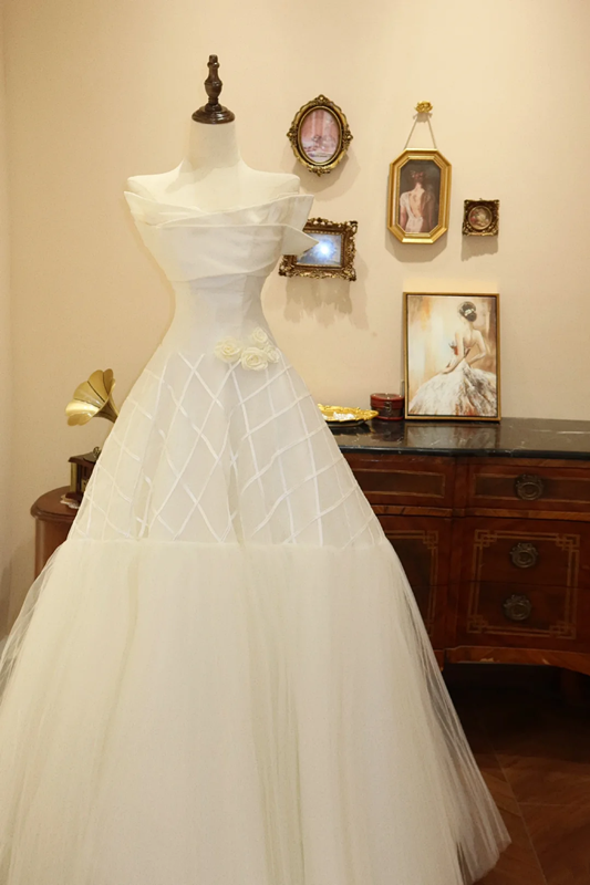 White strapless, fitted A-line long ball gown R7192