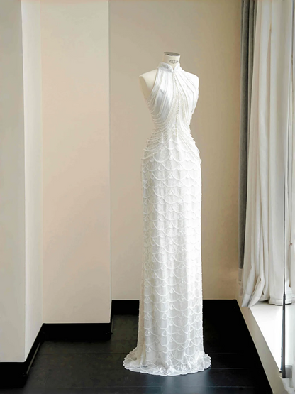 White sleeveless beaded waist slim sexy skirt, prom dress R5685