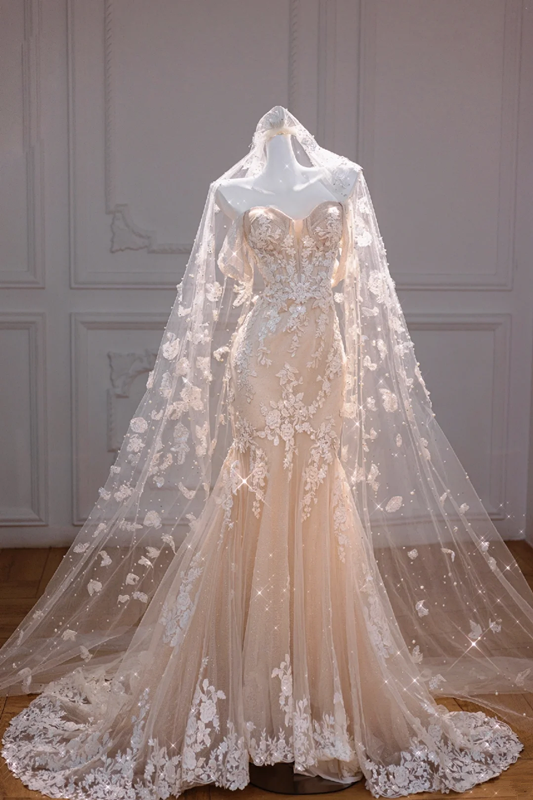 Apricot tube top flower waist slim hip sexy long dress bridal gown R5842