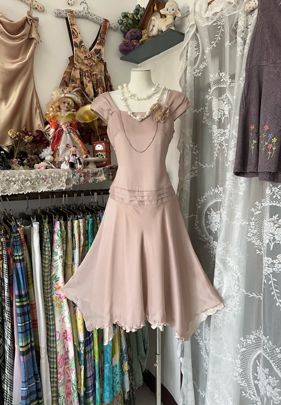 Pink sleeveless fitted waist asymmetrical hem short skirt, a ball gown R6359