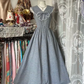 Light gray V-neck sleeveless fitted A-line long ball gown R7826