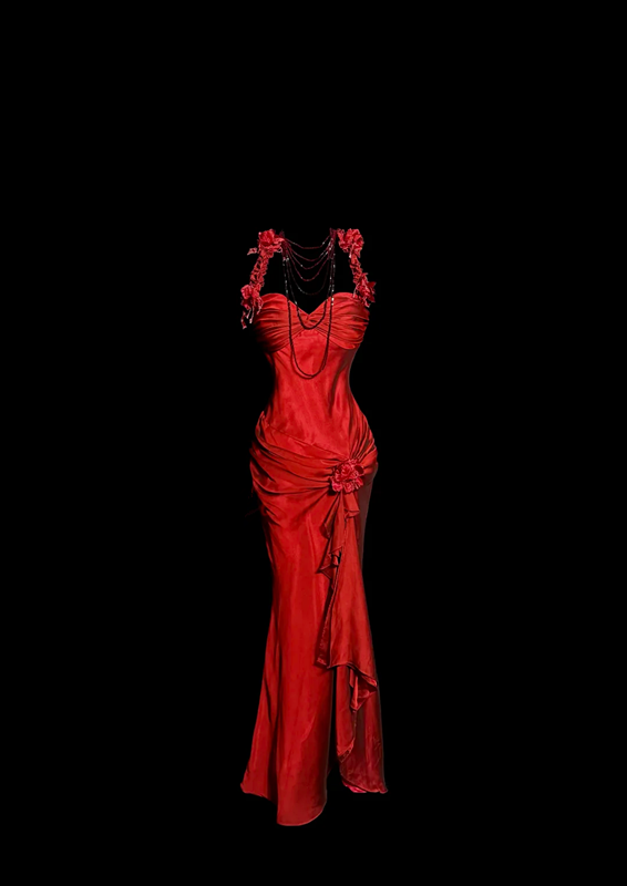 Red halter neck 3D floral dress, fitted waist, bodycon long ball gown R6680